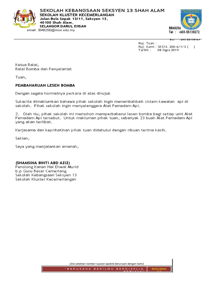 Contoh Surat Kepada Bomba Untuk Tatacara Pelupusan Alat Pemadam Api