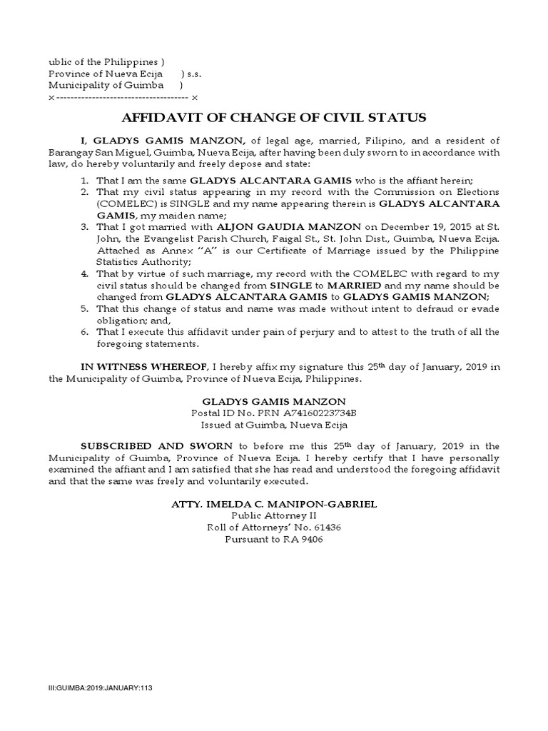Affidavit for Change of Civil Status | PDF | Affidavit | Document