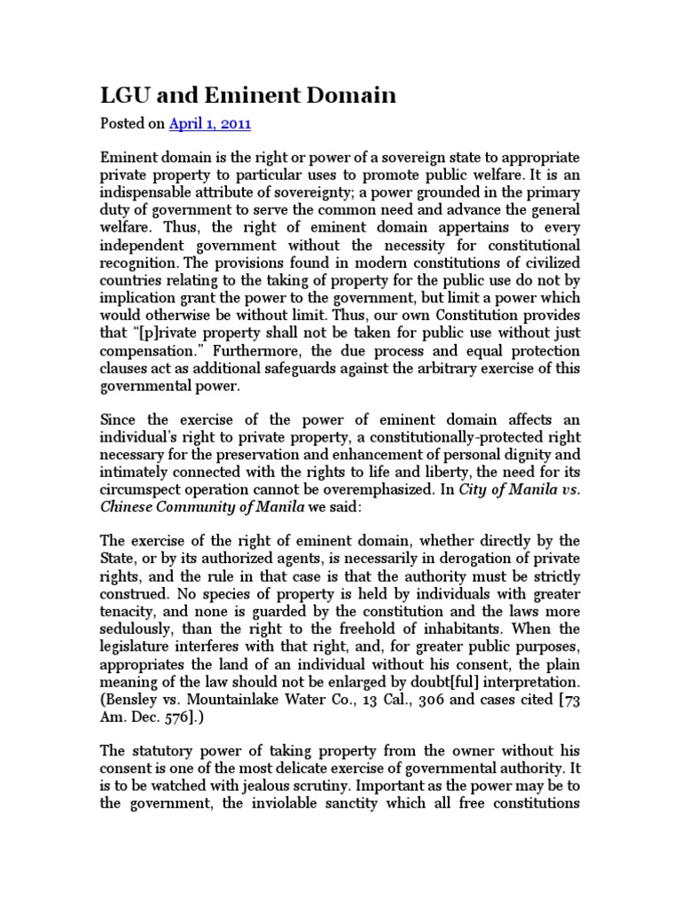 LGU's Power of Eminent Domain Explained | PDF | Eminent Domain | Common Law
