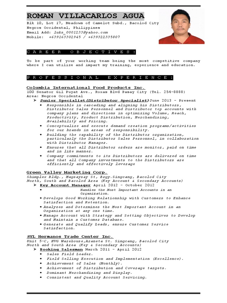 001 Agua, Roman Updated Resume | PDF | Sales | Business