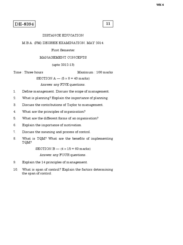 MBA Project Management Sample Question Paper | PDF | Risk Management ...