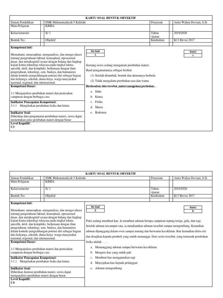 Kartu Soal Perubahan Materi Dan Pemisahan Campuran Docx