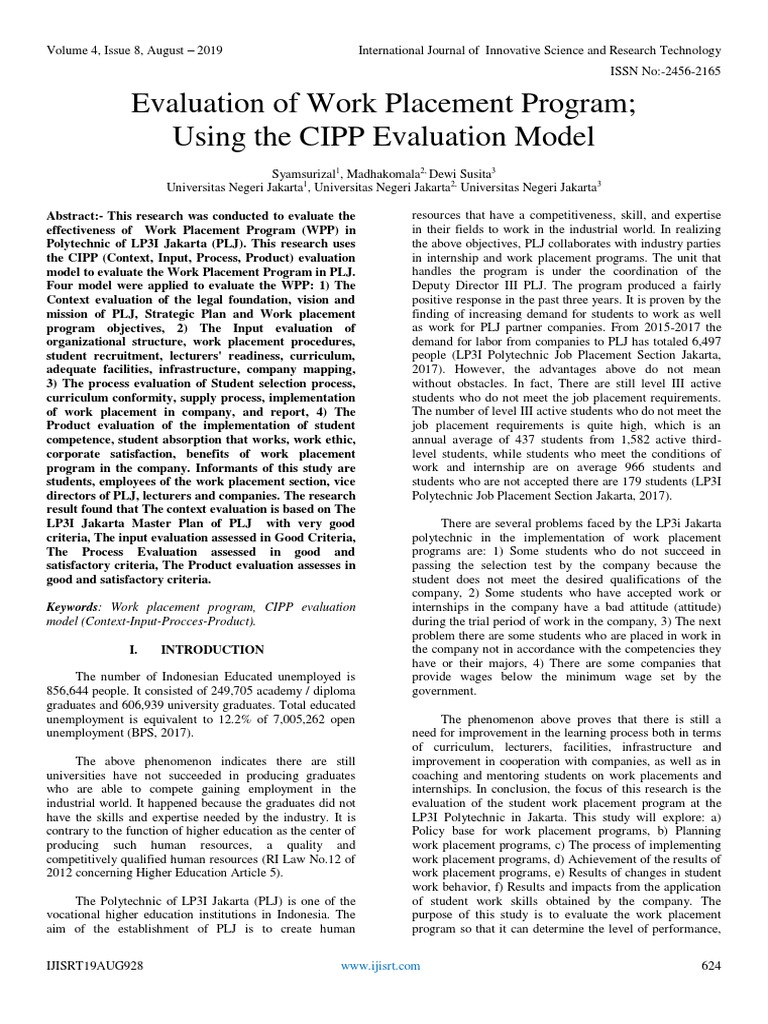 Evaluation of Work Placement Program Using The CIPP Evaluation Model ...