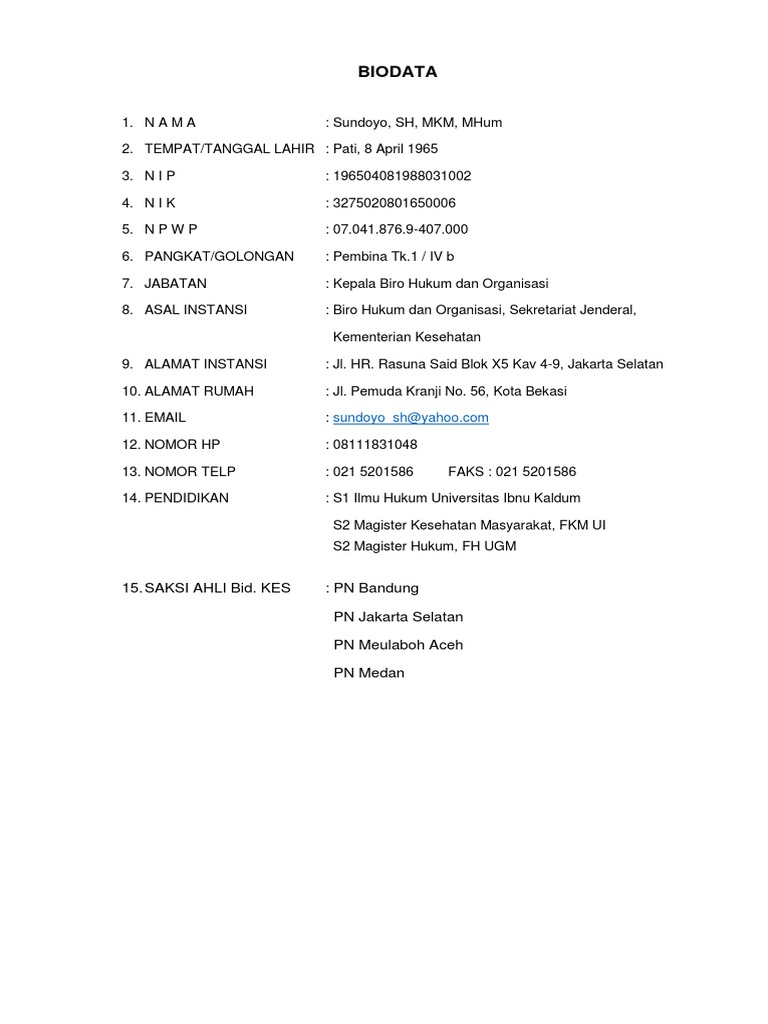 Biodata Dr. Sundoyo, Kepala Biro Hukum | PDF | Ilmu Sosial