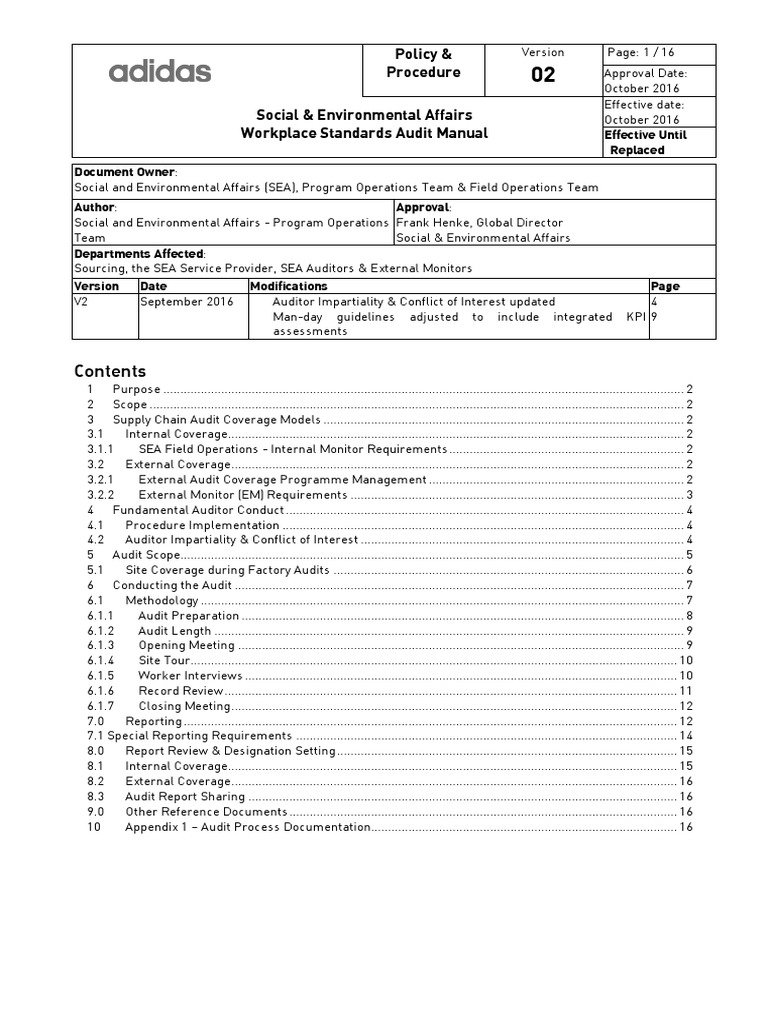 Adidas Workplace Standards Audit Manual | PDF | Audit | Regulatory ...