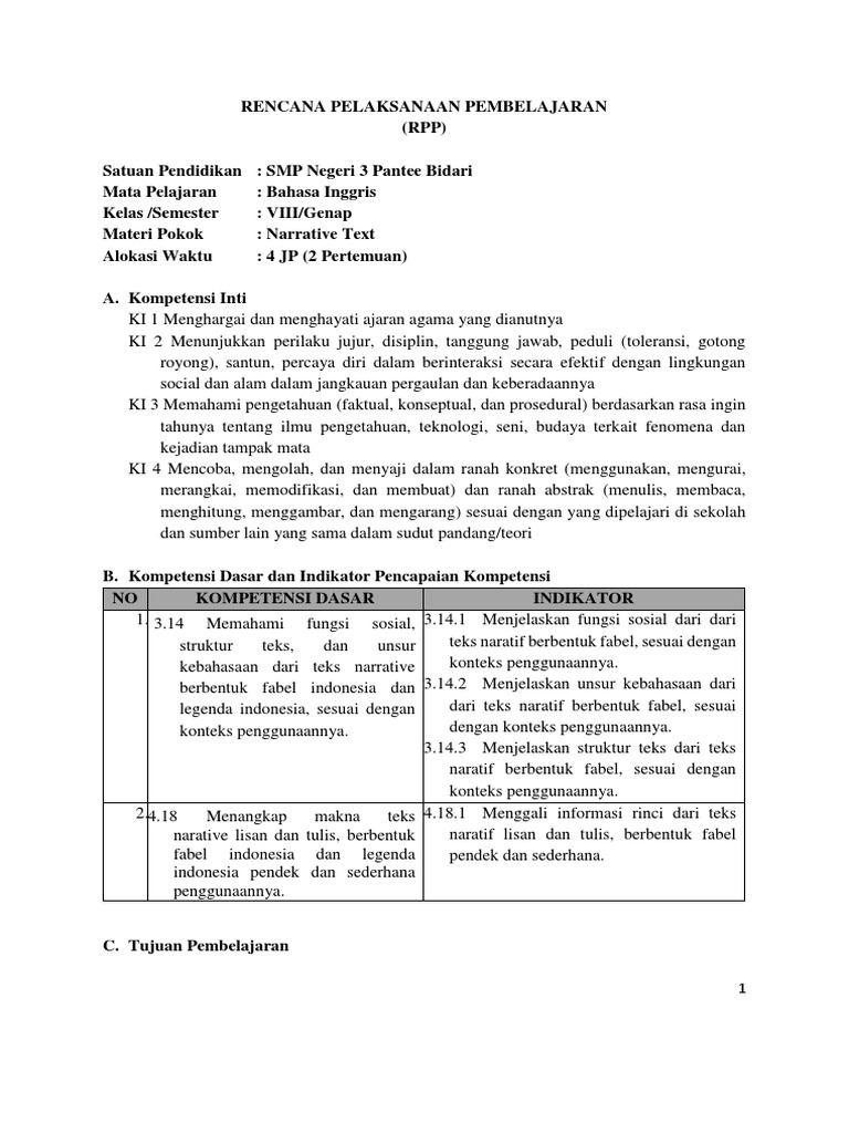 RPP Bahasa Inggris Kelas VIII - Narrative Text K13