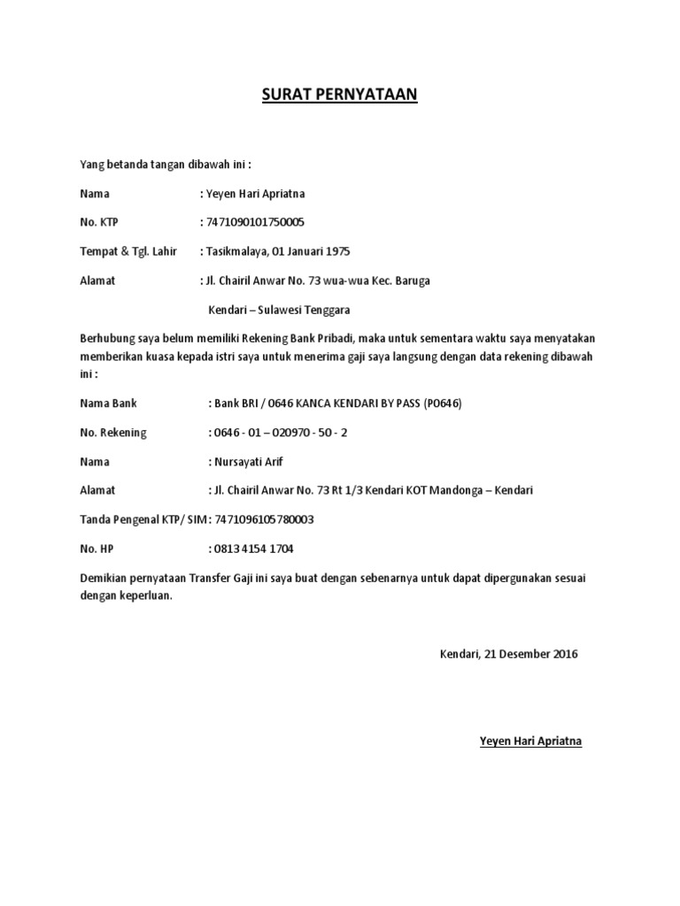 Surat Pernyataan Transfer Gaji