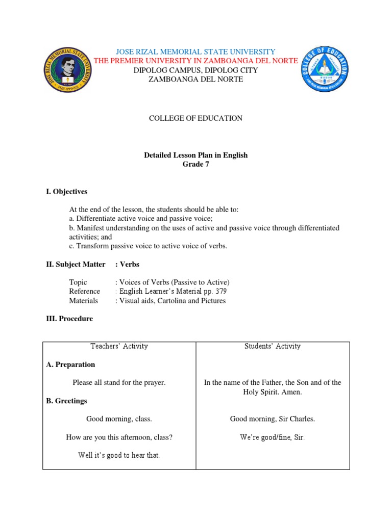 Grade 7 Lesson Plan: Active vs Passive Voice | PDF | Verb | Subject ...