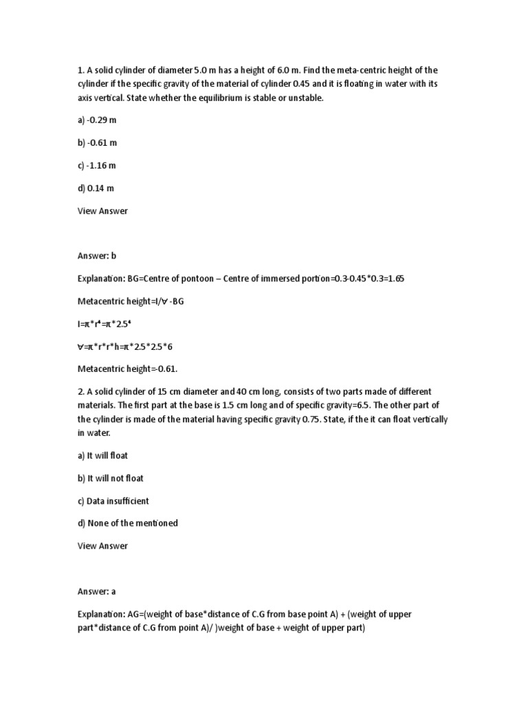 Conditions of Equilibrium of A Floating and Submerged Bodies PDF Buoyancy Civil Engineering