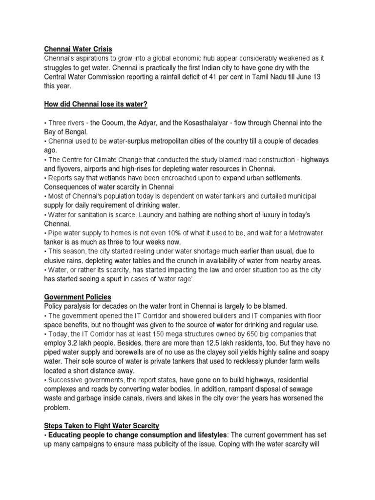 Chennai Water Crisis Pdf Water Resources Water Scarcity