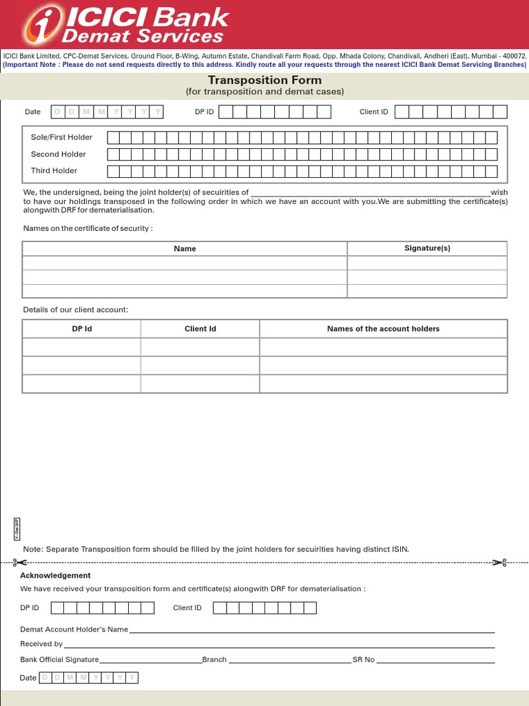 ICICI Demat Transposition Request Form | PDF