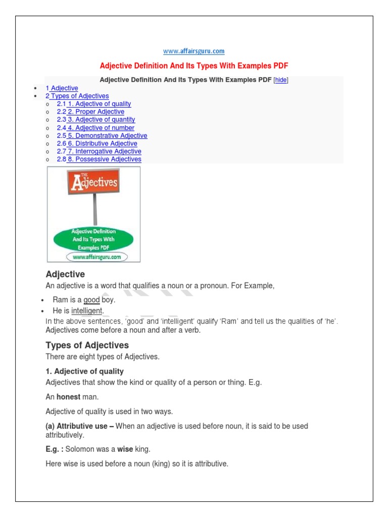 Adjective Definition and Its Types With Examples PDF | PDF | Adjective ...
