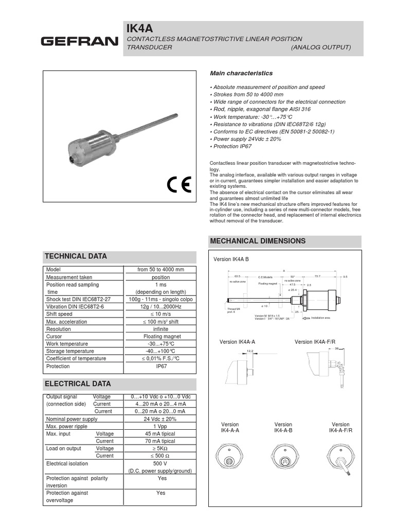 Contactless Linear Position Transducer (Analog Output) PDF Power Supply