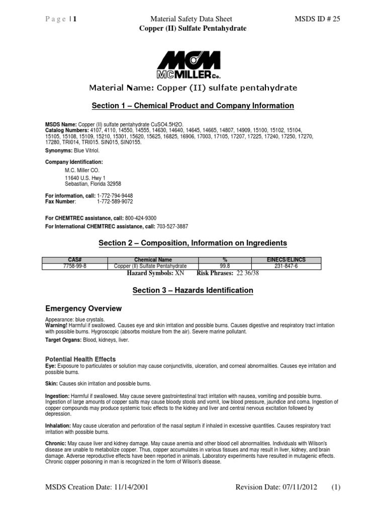 Copper (II) Sulfate Pentahydrate Hazard Symbols XN PDF Personal