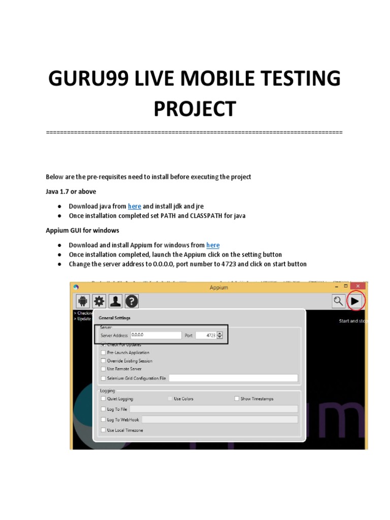 Guru99 Live Mobile Testing Project: Java 1.7 or Above | PDF
