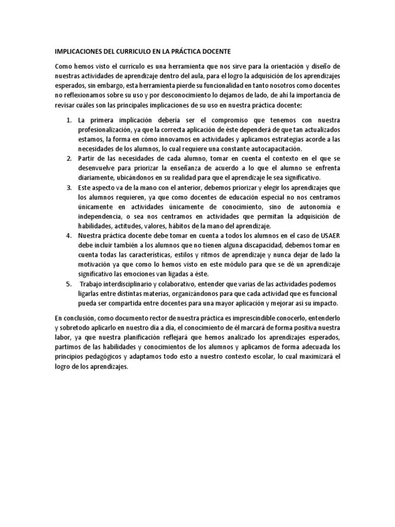 Implicaciones Del Curriculo en La Práctica Docente | PDF | Plan de ...
