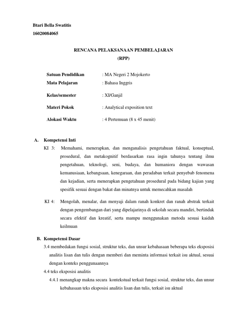 Rpp Bahasa Inggris Kelas Xi Sma Ma Sederajat Kd 3 4 4 4