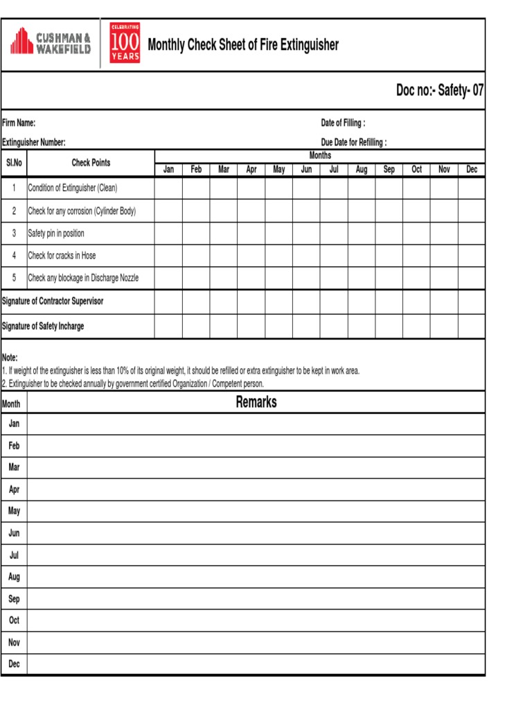 Monthly Fire Extinguisher Check Sheet Ensuring Safety Through Routine