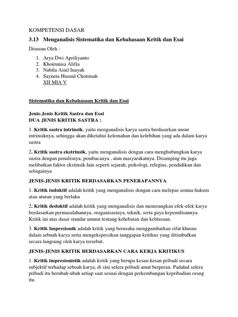 Sistematika Dan Kebahasaan Kritik Dan Esai