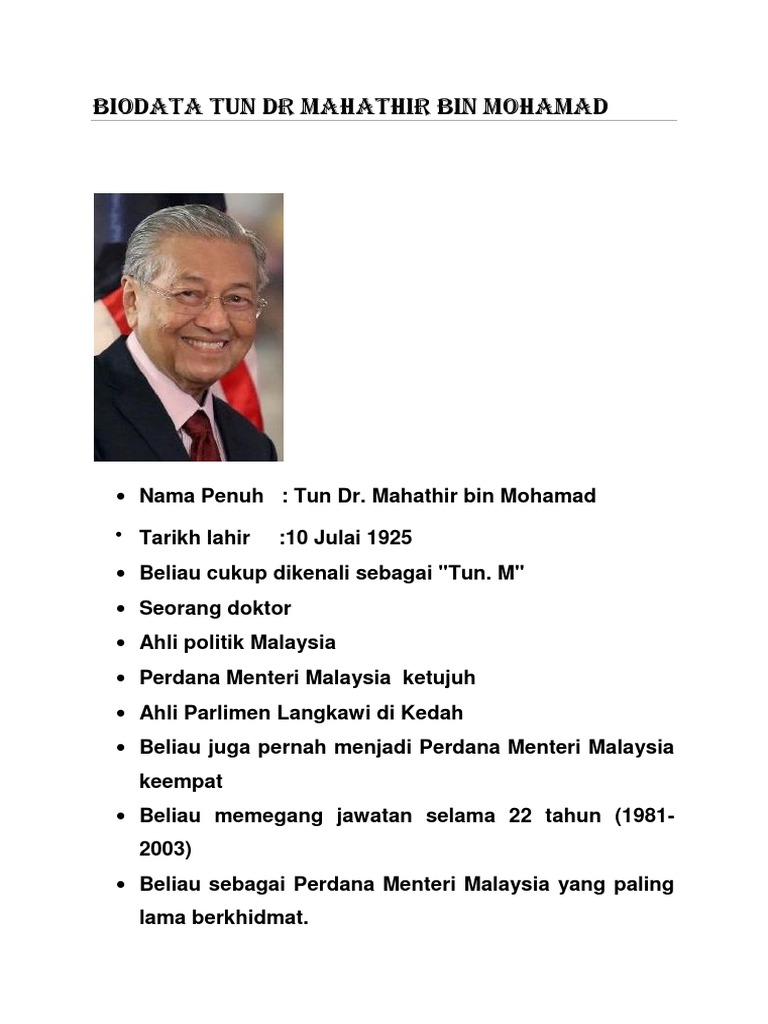 Biodata Tun Dr Mahathir Bin Mohamad
