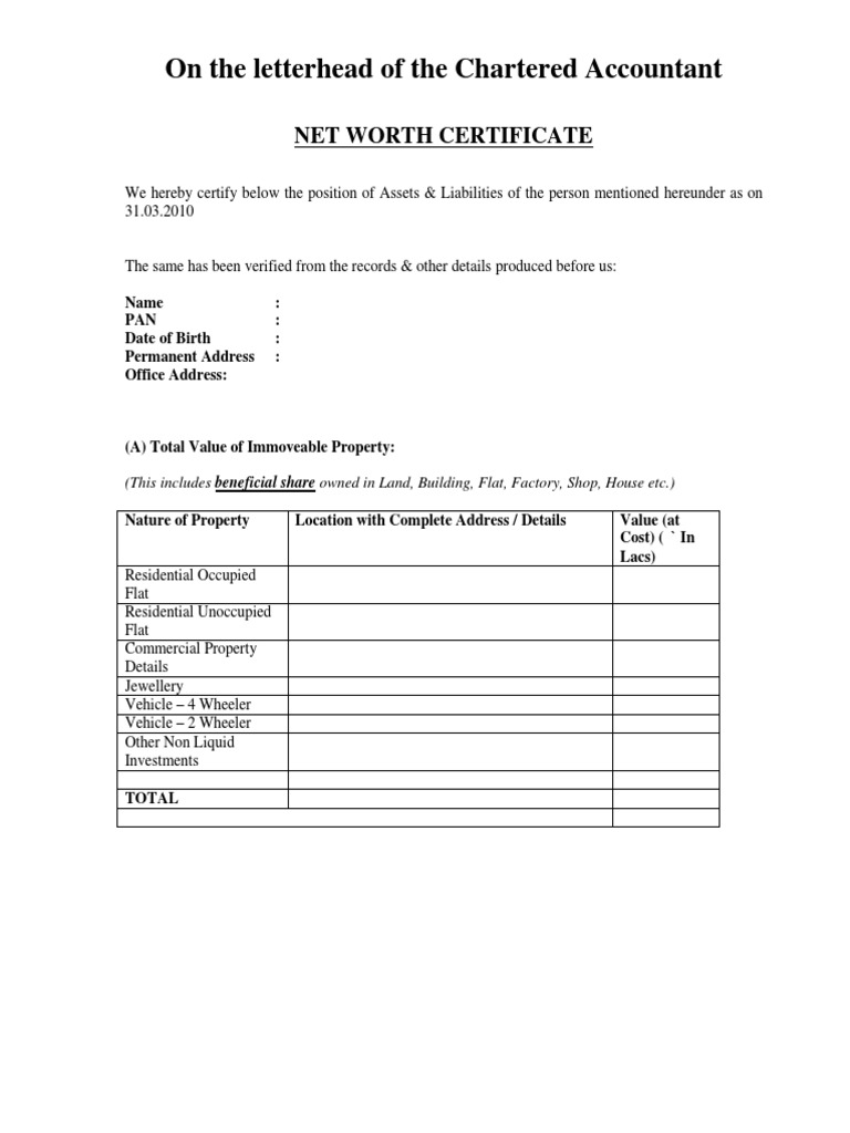 Chartered Accountant Certificate Format FOR VISA PDF Banks Loans