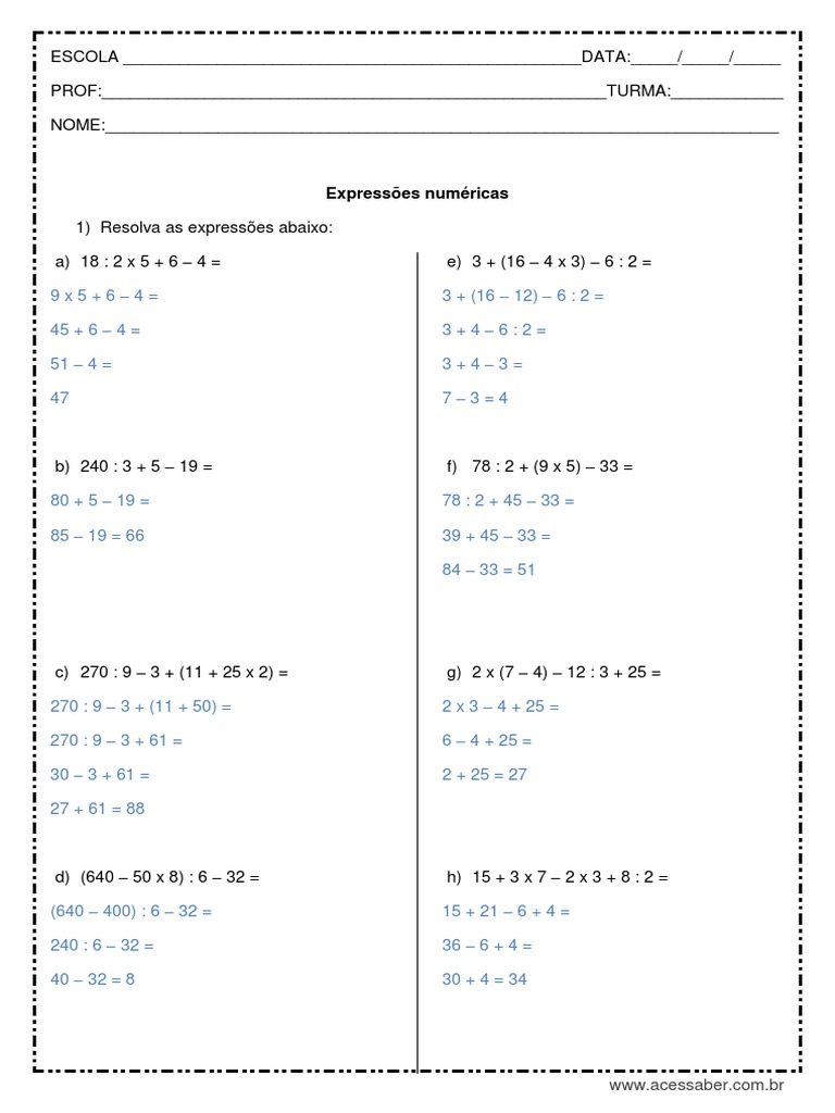 Exercícios de Expressões Numéricas 5º Ano | PDF | Arte | Computadores