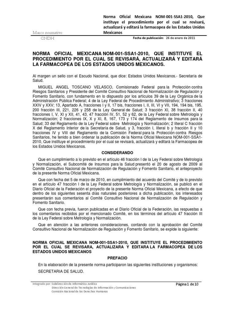 Nom 001 Ssa1 2010 | PDF | Farmacia | Farmacéutico