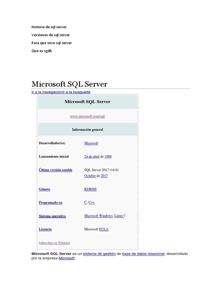 Historia y versiones de SQL Server | PDF | Servidor SQL de Microsoft ...