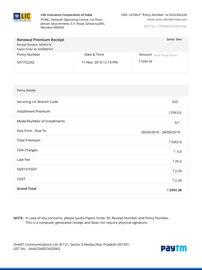 Renewal Premium Receipt: Life Insurance Corporation of India | PDF ...