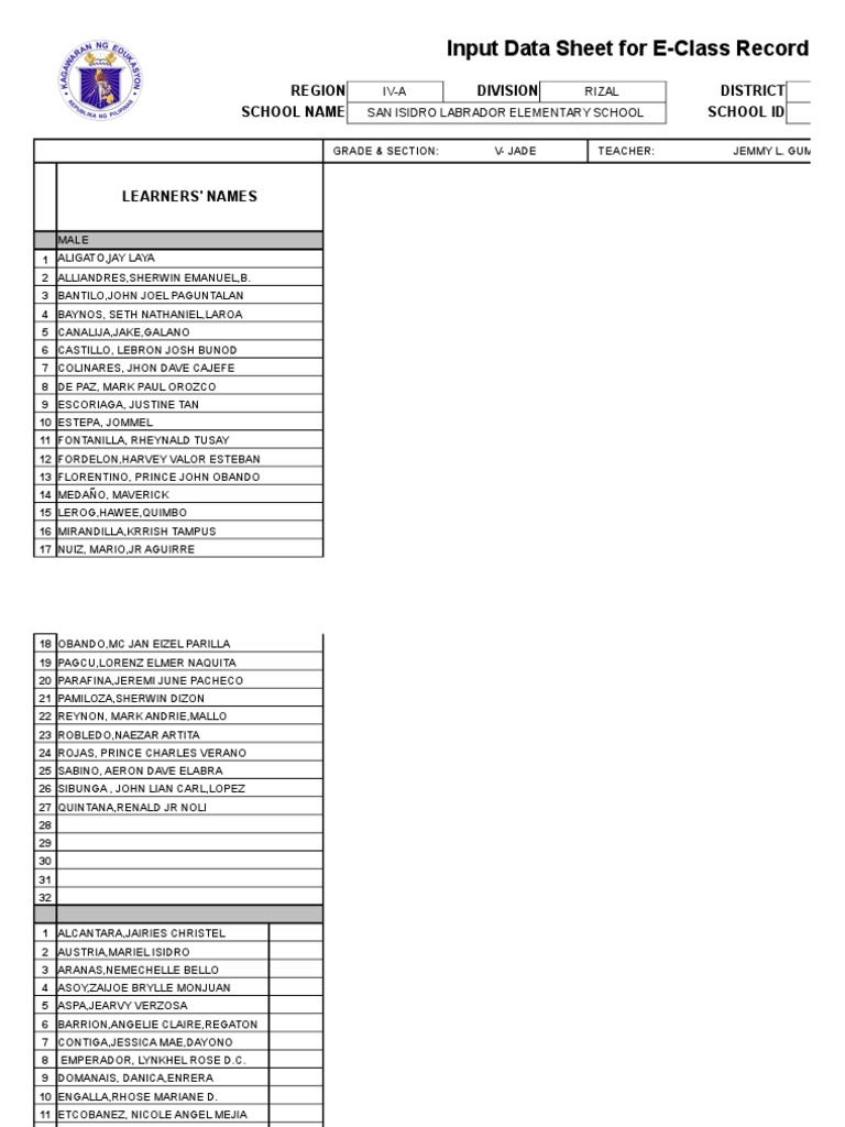 Grade 5 E-Class Record 2016-2017 | PDF | Learning