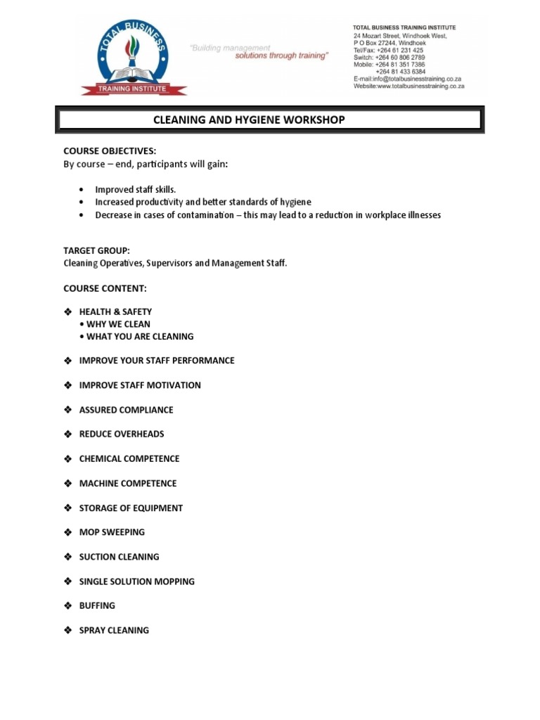 Cleaning and Hygiene Workshop Course | PDF | Business | Technology ...