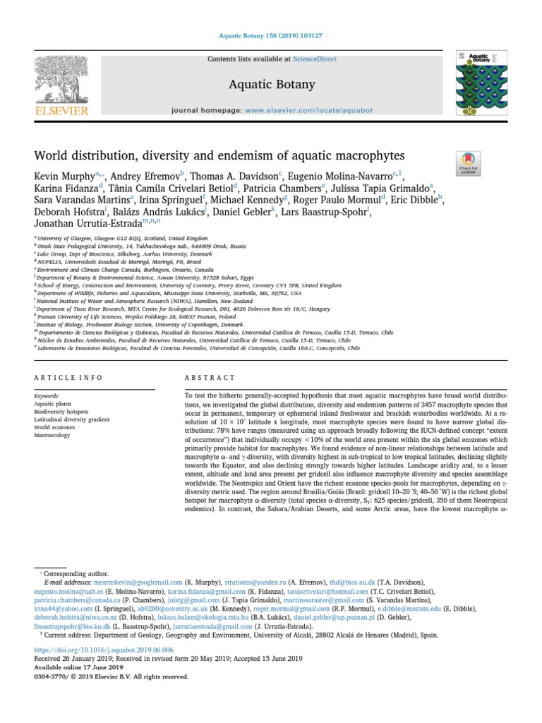World Distribution, Diversity and Endemism of Aquatic Macrophytes | PDF ...