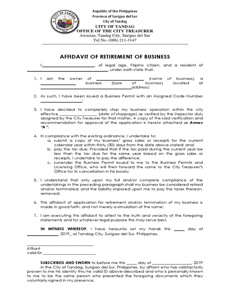 Retirement of Business Formfinal Affidavit Public Law Free 30