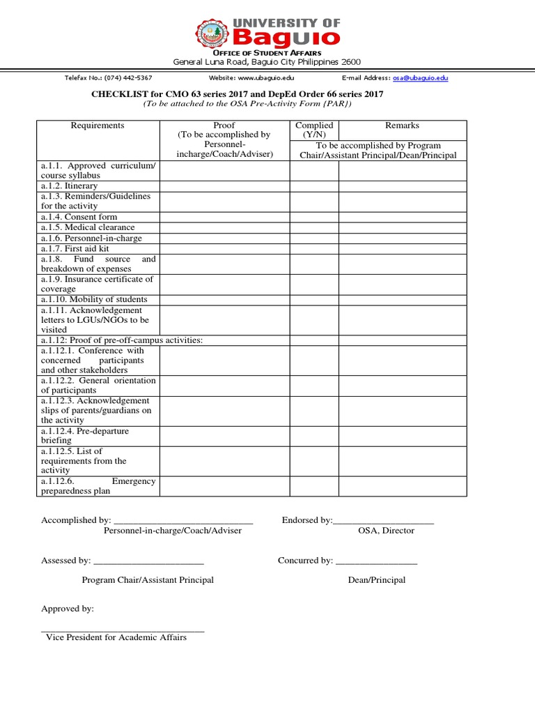CMO 63 Checklist for Off-Campus Activities | PDF