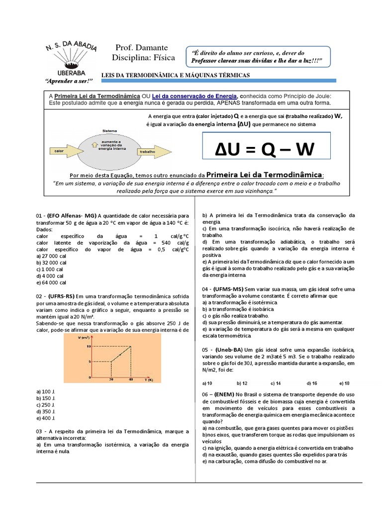 Exercícios sobre a Primeira Lei da Termodinâmica | PDF | Termodinâmica ...