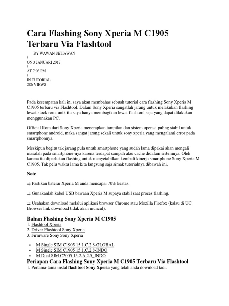 Cara Flashing Sony Xperia M C1905 Terbaru Via Flashtool PDF