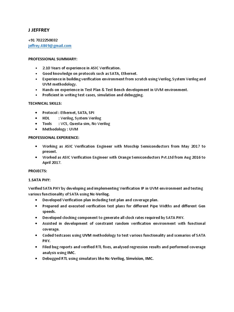 sample resume for vlsi engineer fresher