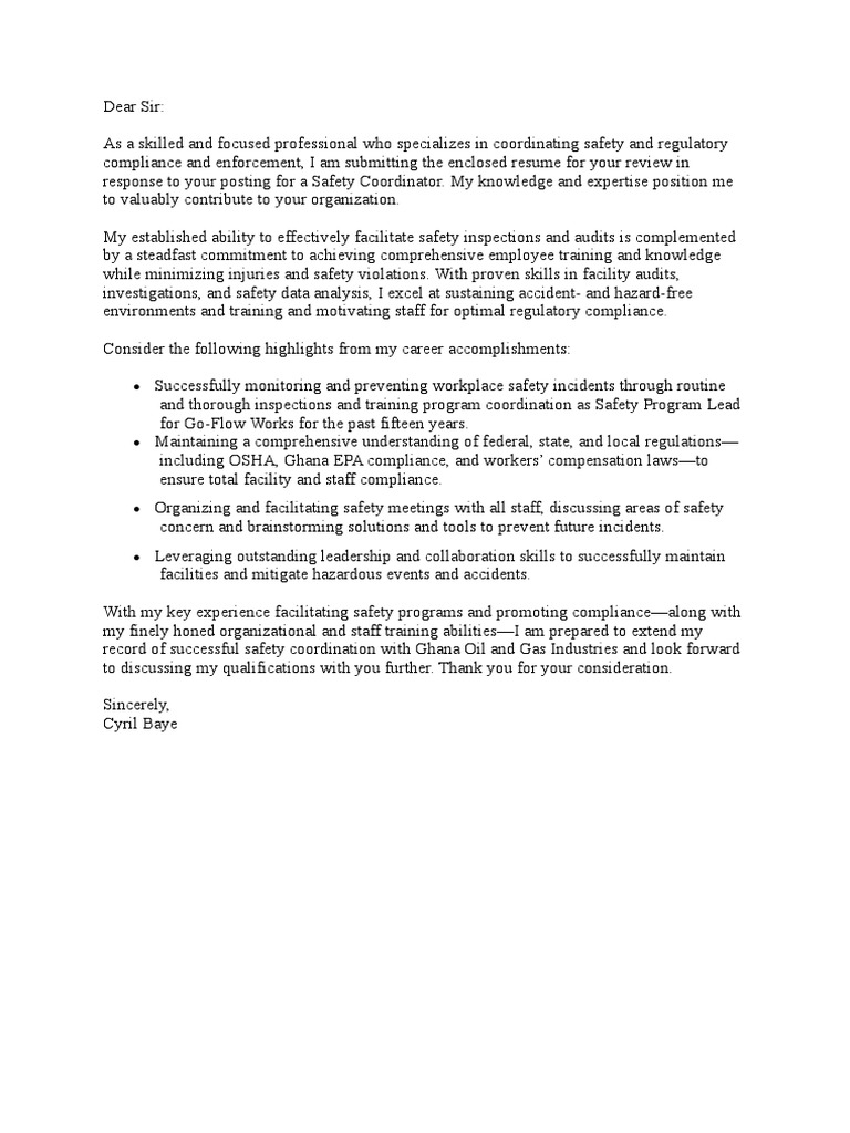 Cover Letter For Safety Coordinator PDF Regulatory Compliance