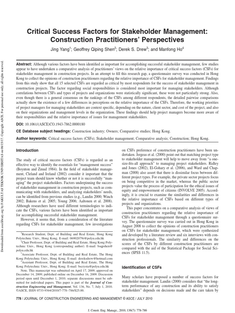 Critical Success Factors For Stakeholder Management: Construction ...