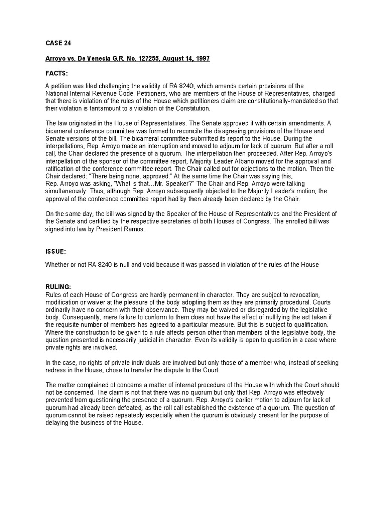 Case 24 arroyo vs de venecia g r no 127255 august 14 1997 facts