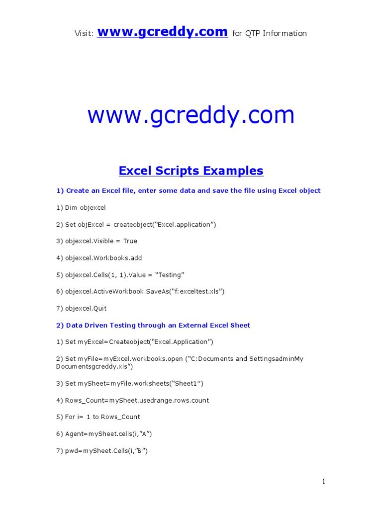 Excel Scripts Examples: Visit: For QTP Information | PDF | Spreadsheet ...