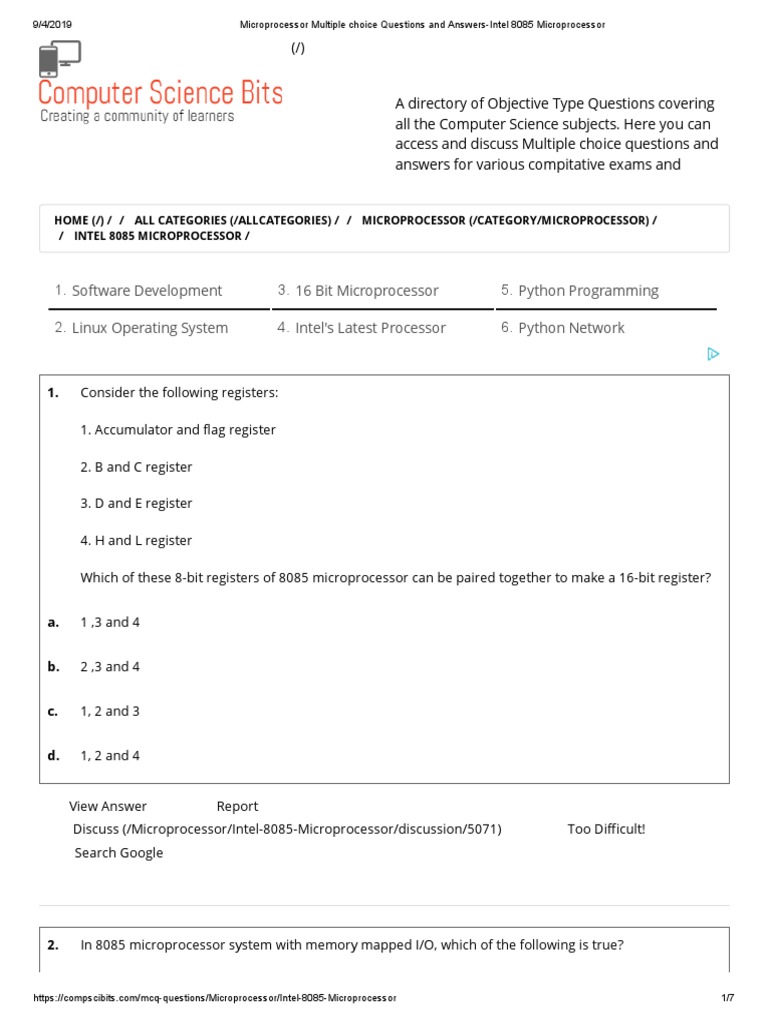 Intel 8085 Microprocessor MCQs | PDF | Central Processing Unit | Input ...