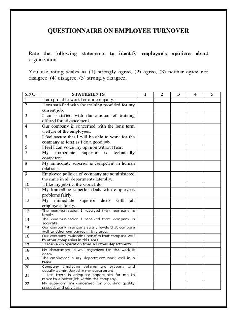 Questionnaire On Employee Turnover Pdf Work Life Balance Employment