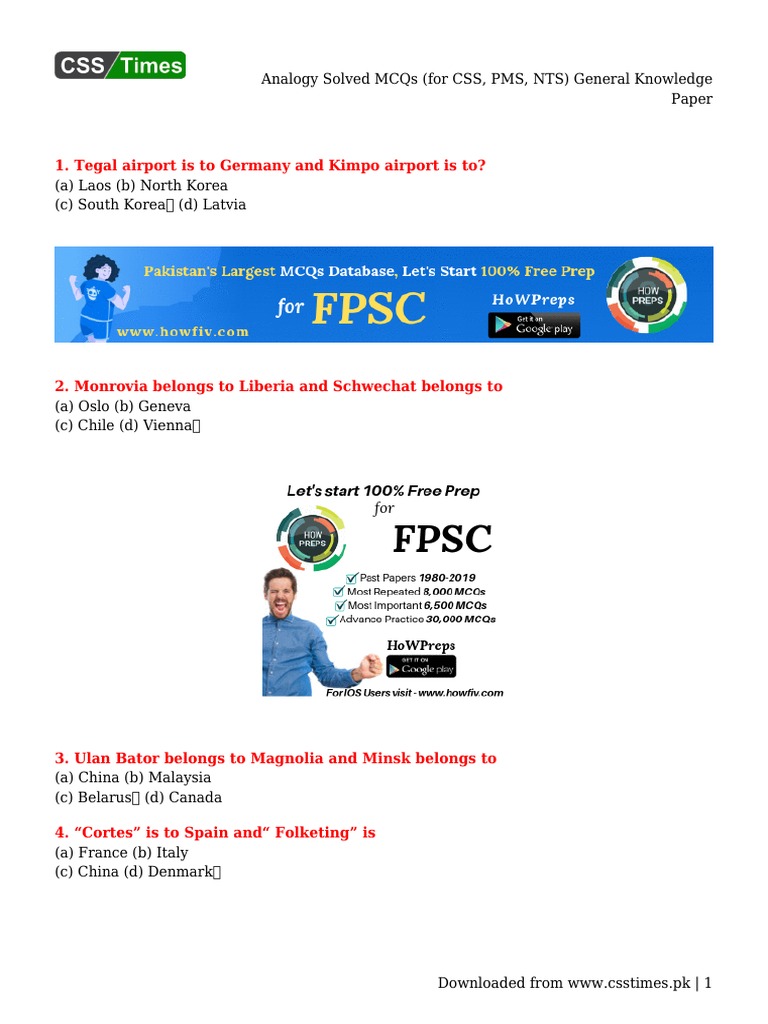 Analogy Solved MCQs (For CSS, PMS, NTS) General Knowledge Paper | PDF ...