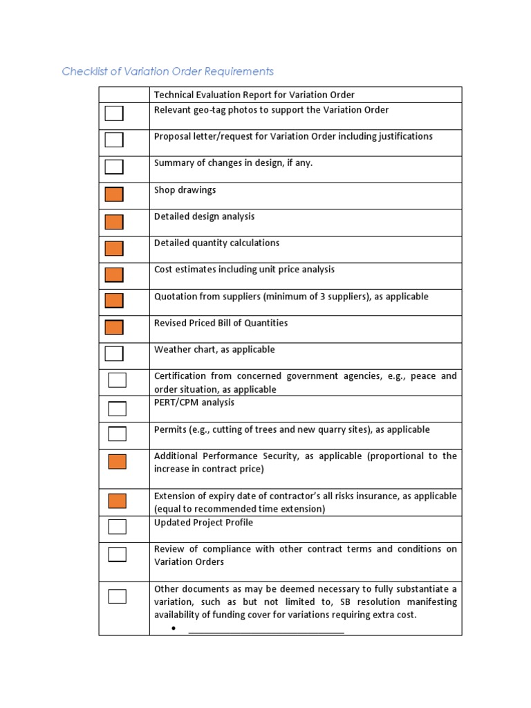 Checklist of Variation Order Requirements
