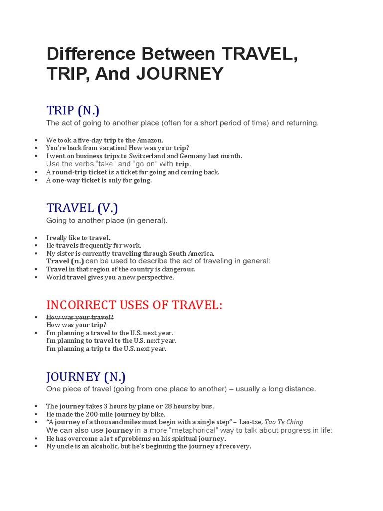 Difference Between Travel Trip And Journey Pdf
