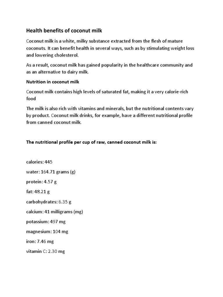 Health Benefits of Coconut Milk23 PDF Coconut Oil Cholesterol