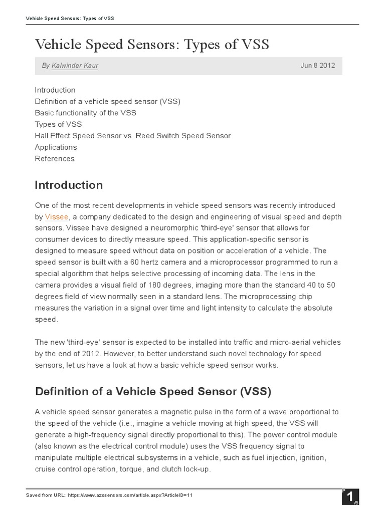 Types of Vehicle Speed Sensors (VSS) | PDF | Switch | Sensor