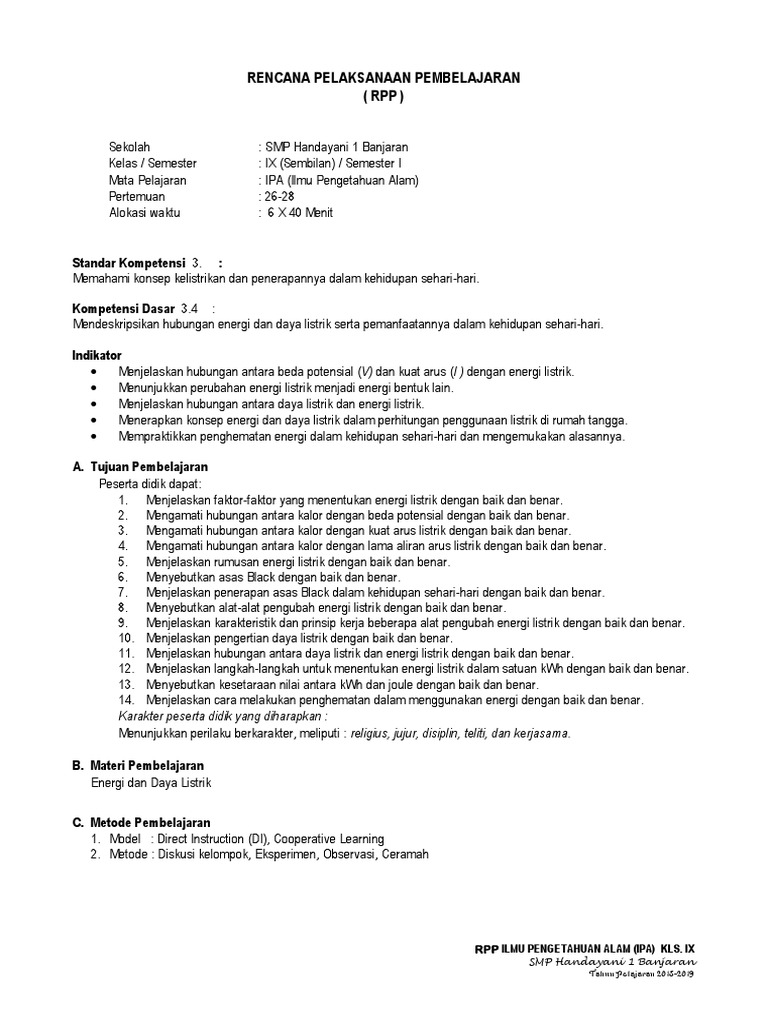 Rpp Smp Ipa Energi Dan Daya Listrik Lks