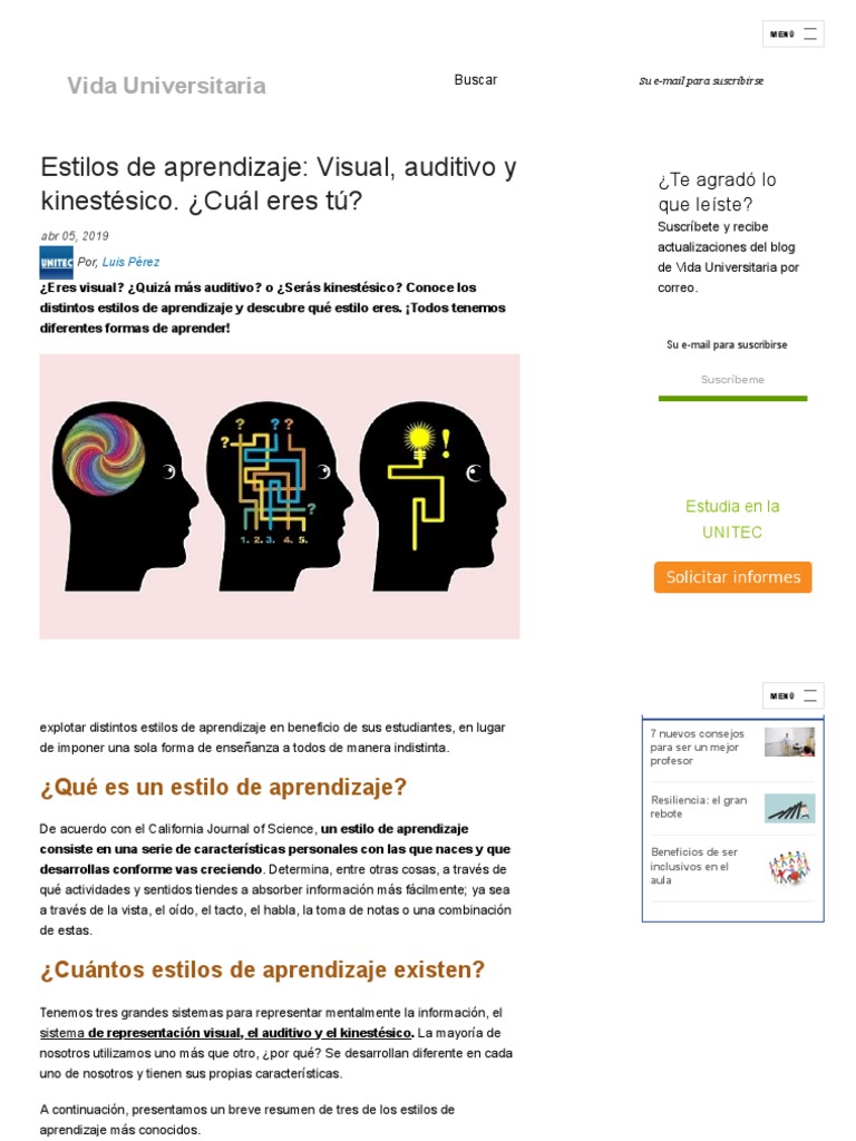 Estilos de Aprendizaje: Visual, Auditivo y Kinestésico | PDF ...